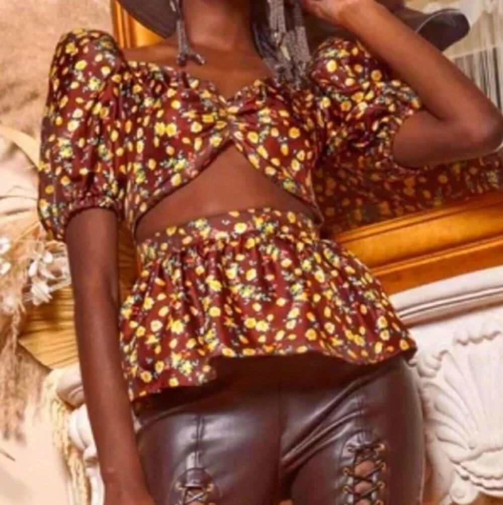 AUTUMN ADEIGBO Bridgette Blouse Brown Yellow Floral Cutout Sz 12 NWT $465 {3L30}